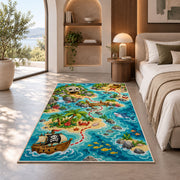 Cartoon kids pirate treasure map rug in a bedroom beside a window