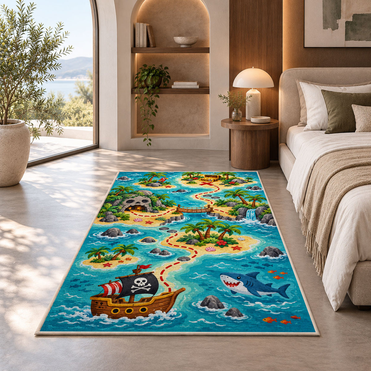 Cartoon pirate adventure island map rug in a bedroom beside a window