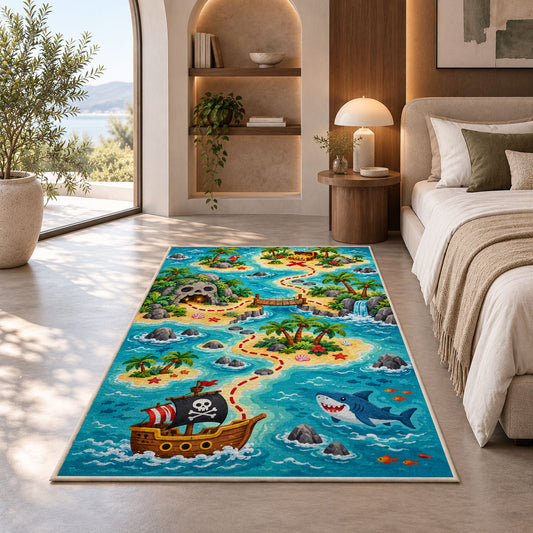 Cartoon pirate adventure island map rug in a bedroom beside a window