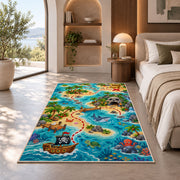 Cartoon treasure hunt map with sea animals rug in a bedroom beside a window
