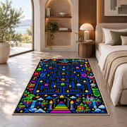 Pixel arcade maze with castle level rug in a bedroom beside a window