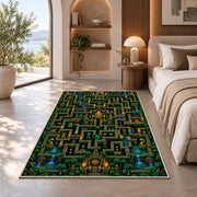 Jungle temple pixel maze rug in a bedroom beside a window