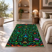 Dinosaur jungle arcade maze rug in a bedroom beside a window
