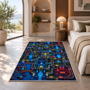 Futuristic sci-fi city circuit maze rug in a bedroom beside a window