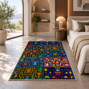 Multi-level arcade game board rug in a bedroom beside a window