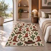 Western icons pattern rug in a bedroom with an arched window