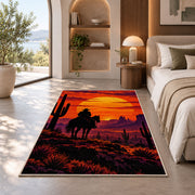 Cowboy sunset rider rug in a bedroom with an arched window