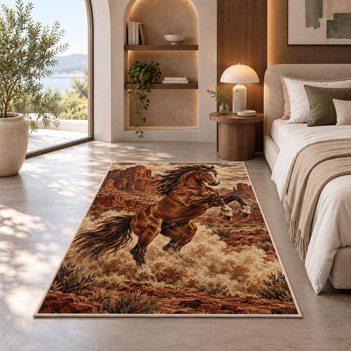 Wild mustang rug in a bedroom with an arched window