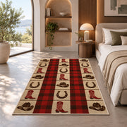 Cowboy plaid check rug in a bedroom with an arched window