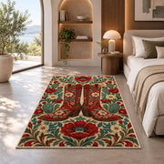 Embroidered red boots rug in a bedroom with an arched window