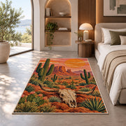 Desert longhorn sunset rug in a bedroom with an arched window