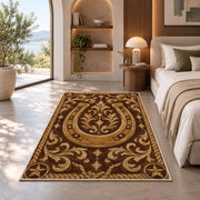 Tooled leather horseshoe rug in a bedroom with an arched window