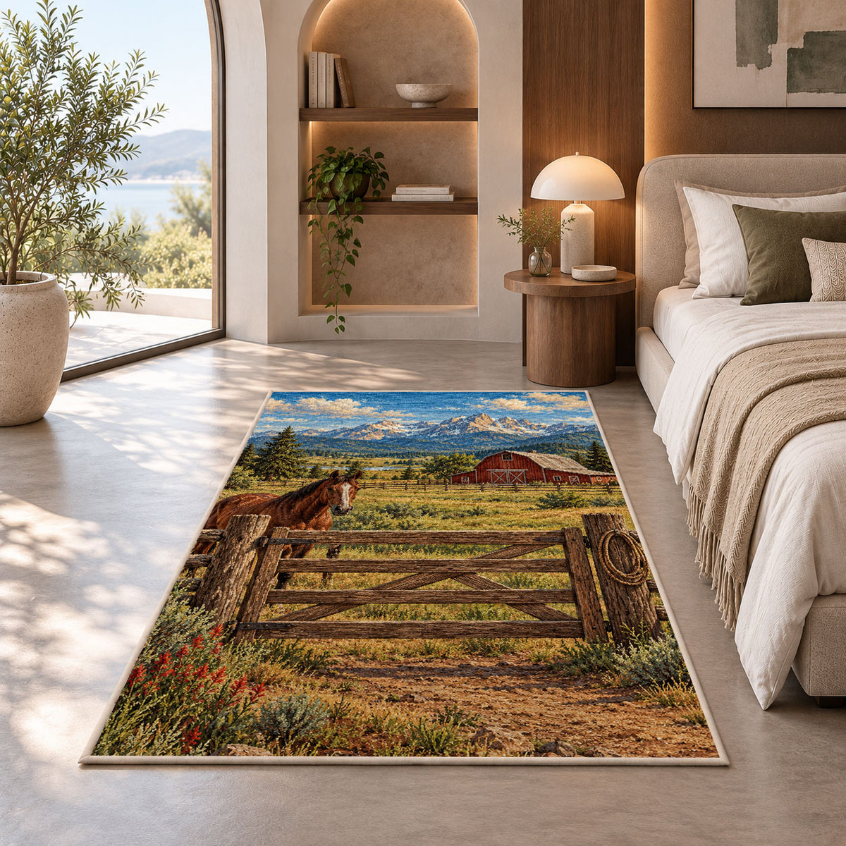 Ranch gate and barn rug in a bedroom with an arched window