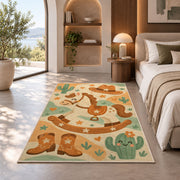 Little cowboy nursery rug in a bedroom with an arched window
