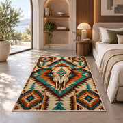 Longhorn Aztec rug in a bedroom with an arched window