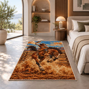 Rodeo bronc rider rug in a bedroom with an arched window