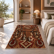 Tooled saddle rug in a bedroom with an arched window