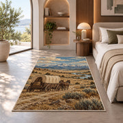 Covered wagon prairie rug in a bedroom with an arched window