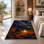 Cowboy campfire rug in a bedroom with an arched window