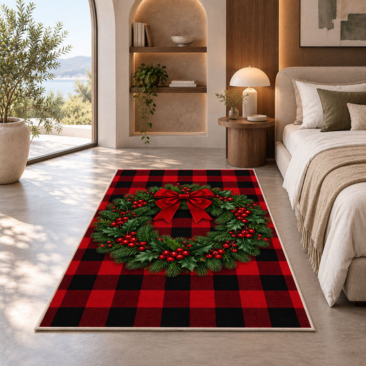 Buffalo Plaid Christmas Wreath rug in a bedroom with an arched window