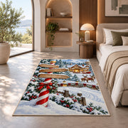 North Pole Signpost rug in a bedroom with an arched window