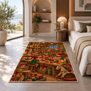 Santa's Workshop Elves rug in a bedroom with an arched window