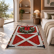 Red Barn Door Christmas Wreath rug in a bedroom with an arched window