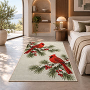 Winter Cardinals on Pine rug in a bedroom with an arched window