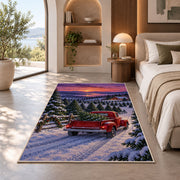 Christmas Tree Farm Red Truck rug in a bedroom with an arched window