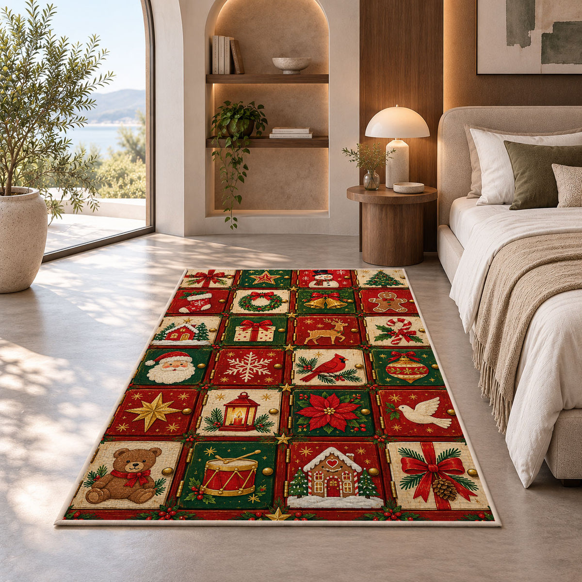 Advent Calendar Doors rug in a bedroom with an arched window