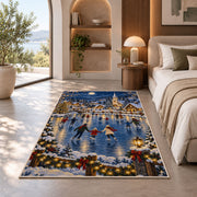 Village Ice Skating Night rug in a bedroom with an arched window