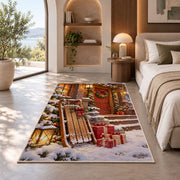 Wooden Sled Snowy Porch rug in a bedroom with an arched window