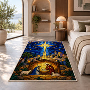 Bethlehem Star Stained Glass rug in a bedroom with an arched window