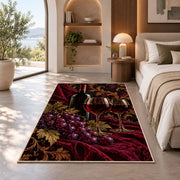 red wine and grapes rug in a bedroom with an arched window