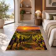 vineyard sunset rug in a bedroom with an arched window