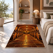 wine cellar barrels rug in a bedroom with an arched window