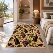 wine pattern rug in a bedroom with an arched window