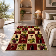 checkered wine rug in a bedroom with an arched window