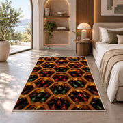 honeycomb wine rack rug in a bedroom with an arched window