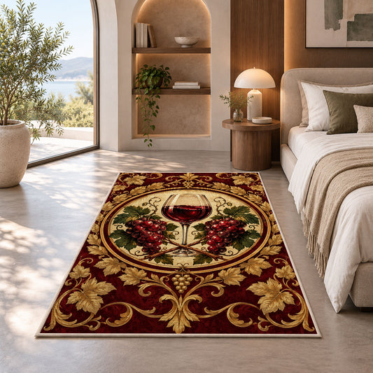 vintage wine crest rug in a bedroom with an arched window
