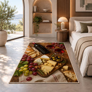 wine and cheese board rug in a bedroom with an arched window