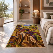 grape harvest rug in a bedroom with an arched window