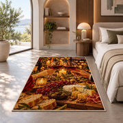 wine toast candlelight rug in a bedroom with an arched window
