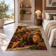 oak wine barrel rug in a bedroom with an arched window