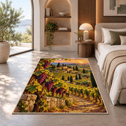 tuscany vineyard rug in a bedroom with an arched window