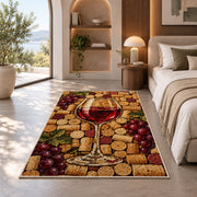 wine cork mosaic rug in a bedroom with an arched window