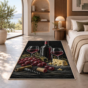 dark slate wine still life rug in a bedroom with an arched window