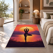tree pose yoga sunset rug in a bedroom with an arched window