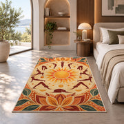 sun salutation yoga rug in a bedroom with an arched window