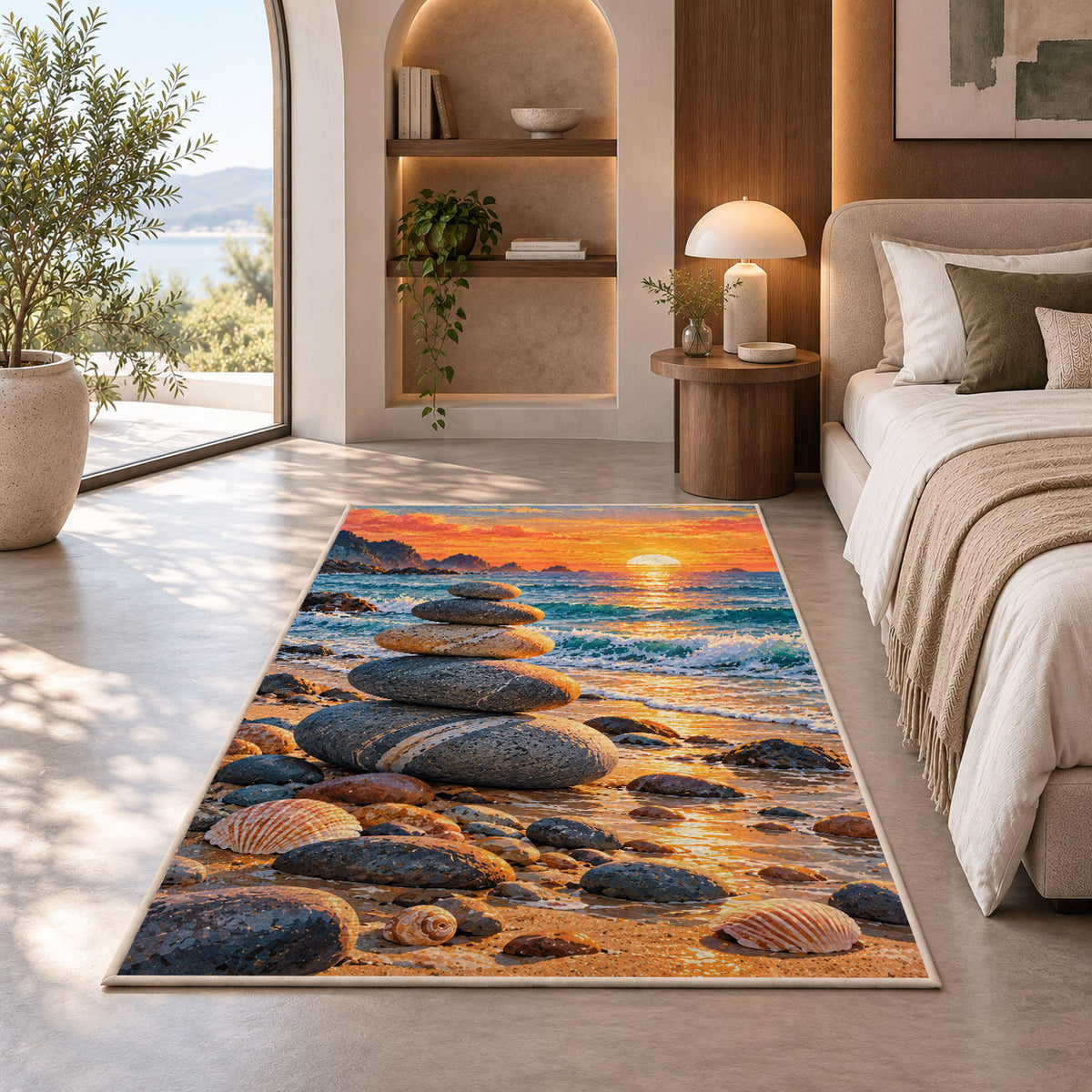 balanced stones beach rug in a bedroom with an arched window